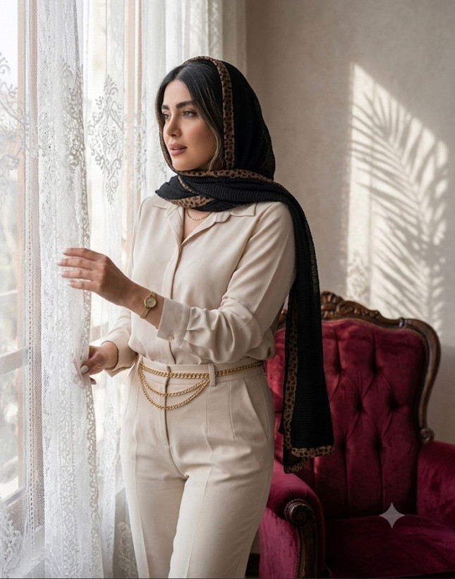 شال حریر کنفی دور گان پلنگی